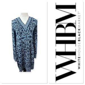 White House Black Market blue print dress with embroidery on v neck size med